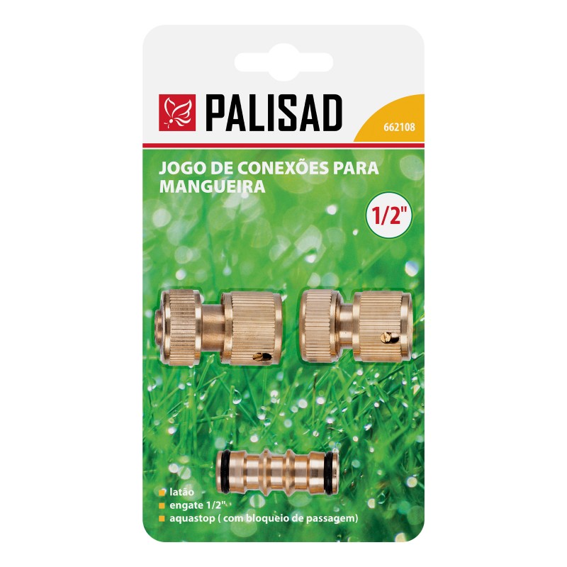 Комплект за свързване на маркуч Palisad, 1/2", преходник, 2 съединителя с аквастоп, месингов