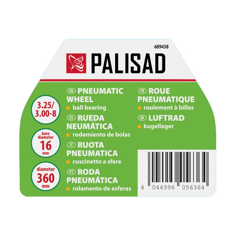 Колело Palisad, с гума, пневматична, 3.25/3.00-8, D 360мм, на лагер, вътр. D 16мм, дълж. оста 94мм