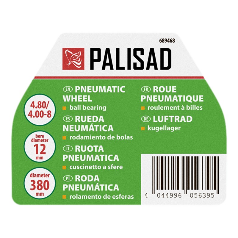 Колело Palisad, с гума, пневматична, 4.80/4.00-8, D 380мм, на лагер, вътр. D 12мм, дълж. оста 80мм