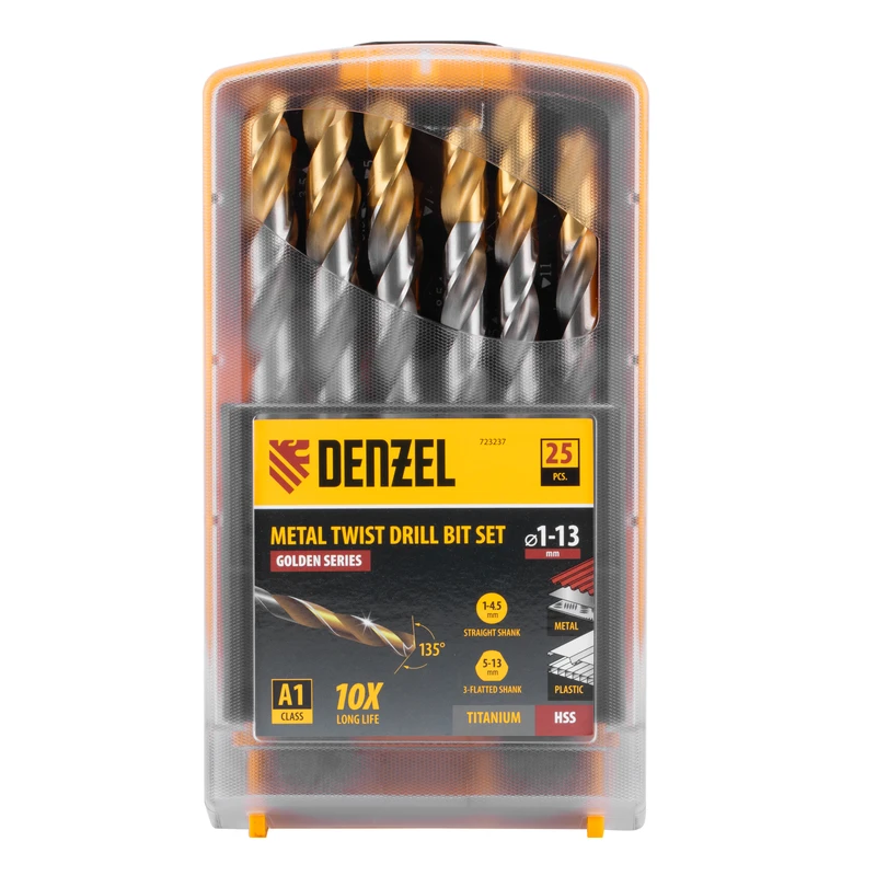 Комплект свредла Denzel, за метал, 1-13 мм, HSS-Tin, Golden Tip, 25 бр