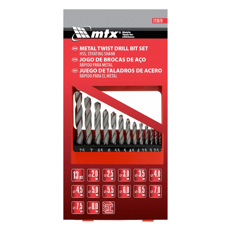 Комплект свредла MTX, за метал, 2-8 мм (през 0,5 мм), HSS, 13 бр., цилиндрична опашка, метална кутия