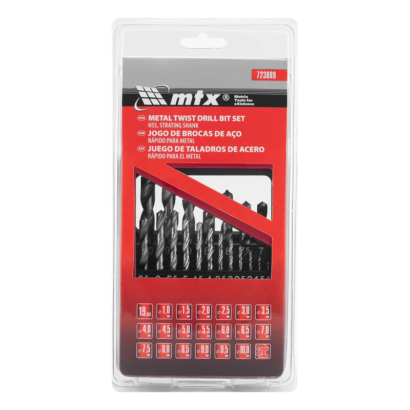 Комплект свредла MTX, за метал, 1-10 мм (през 0,5 мм), HSS, 19 бр., цилиндрична опашка, метална кутия