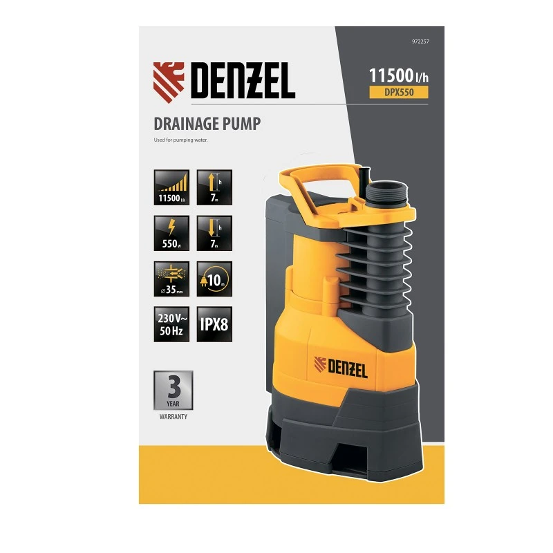 Помпа Denzel, Дренажна, DPХ550, 550 Вт, подем 7 м, 11500 л/ч