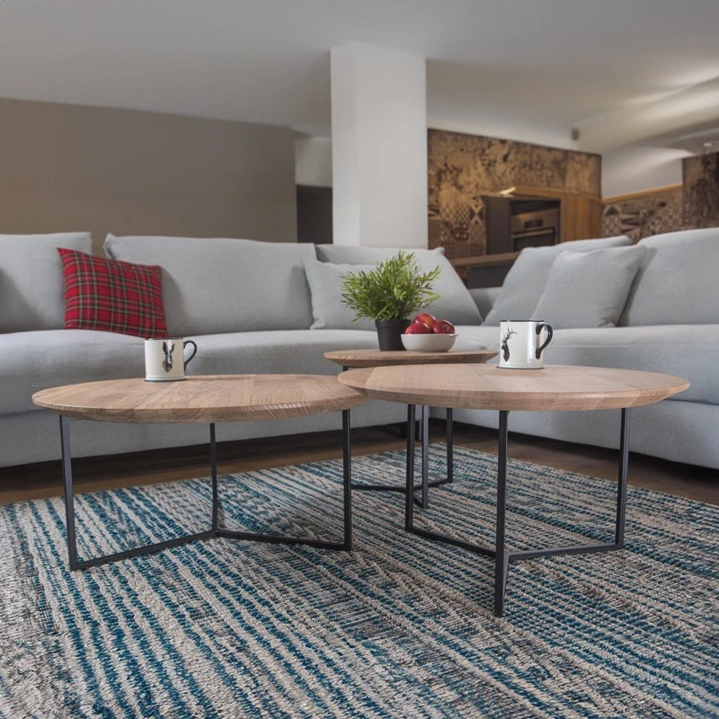 Комплект холни маси с кръгла форма и скосен ръб IPM Timber  Лофт Лайт Еър Ф70, Ф60, Ф45см