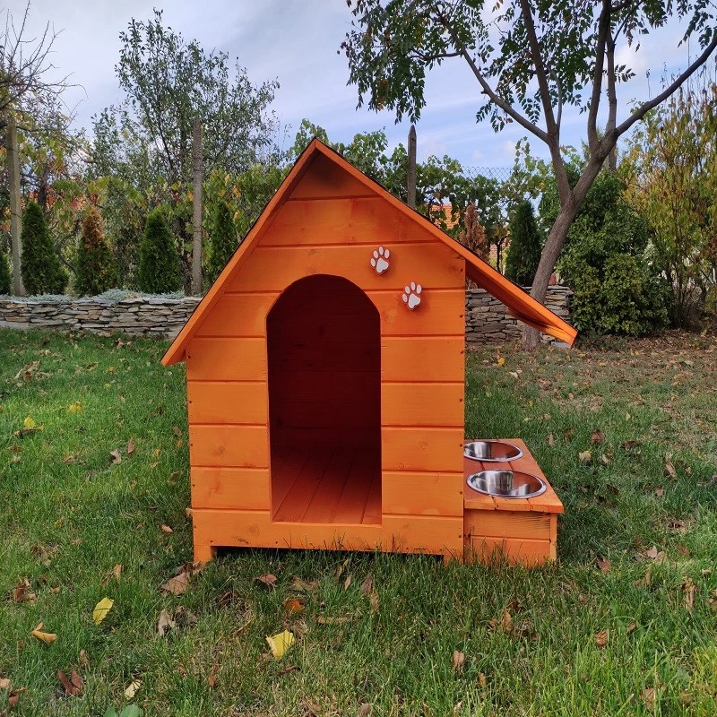Къща за куче, Дърво, Размер XL, Оранжев, Винтидж, Със стряха + купи