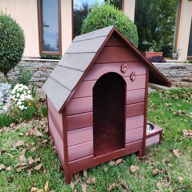 Къща за куче, Дърво, Размер XL, Кафява, Със стряха + купи