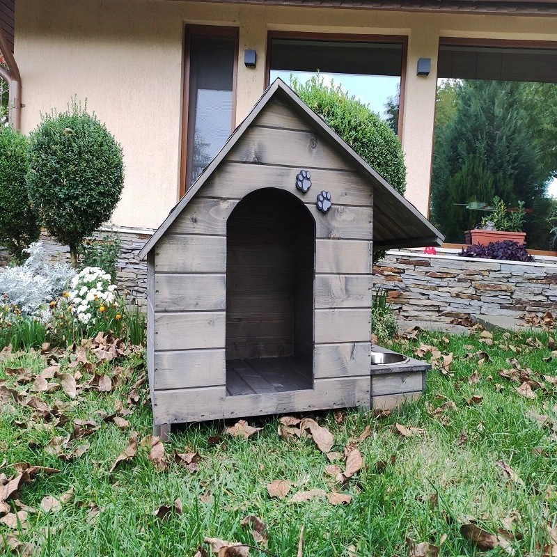 Къща за куче, Дърво, Размер XL, Сив, Винтидж, Със стряха + купи