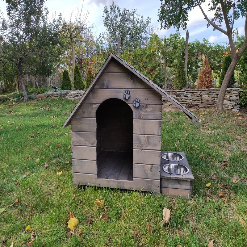 Къща за куче, Дърво, Размер XL, Сив, Винтидж, Със стряха + купи