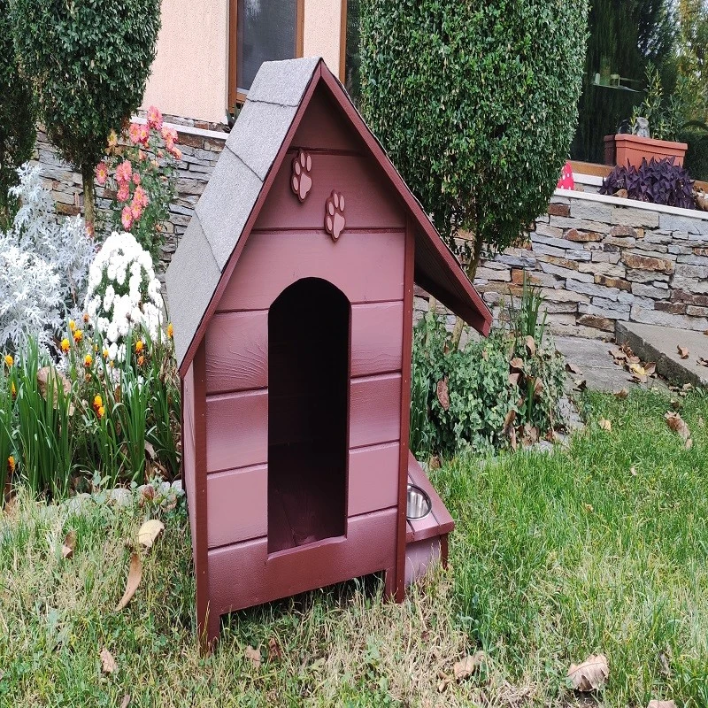 Къща за куче, Дърво, Размер М Кафява, Със стряха + купи