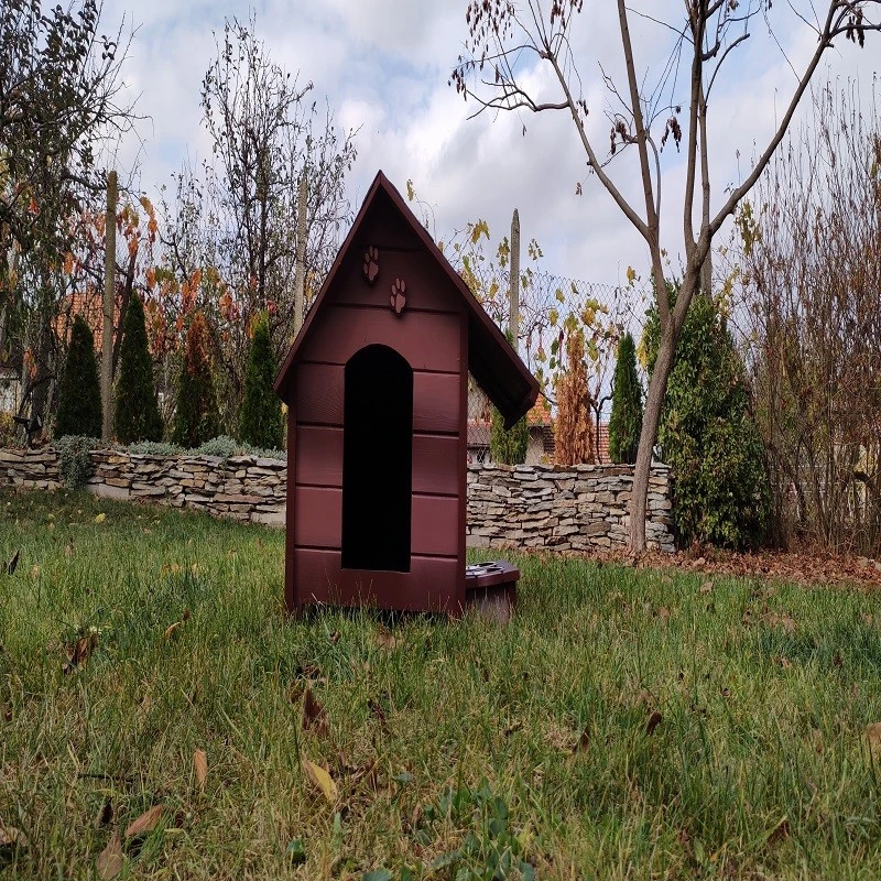 Къща за куче, Дърво, Размер М Кафява, Със стряха + купи