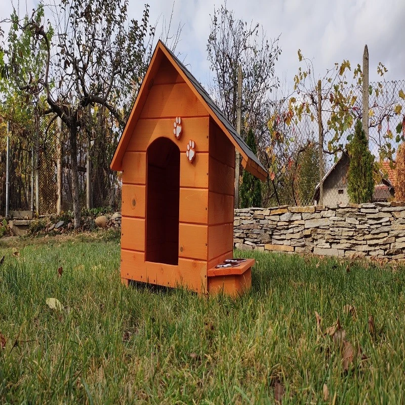 Къща за куче, Дърво, Размер М, Оранжев, Винтидж, Със стряха + купи