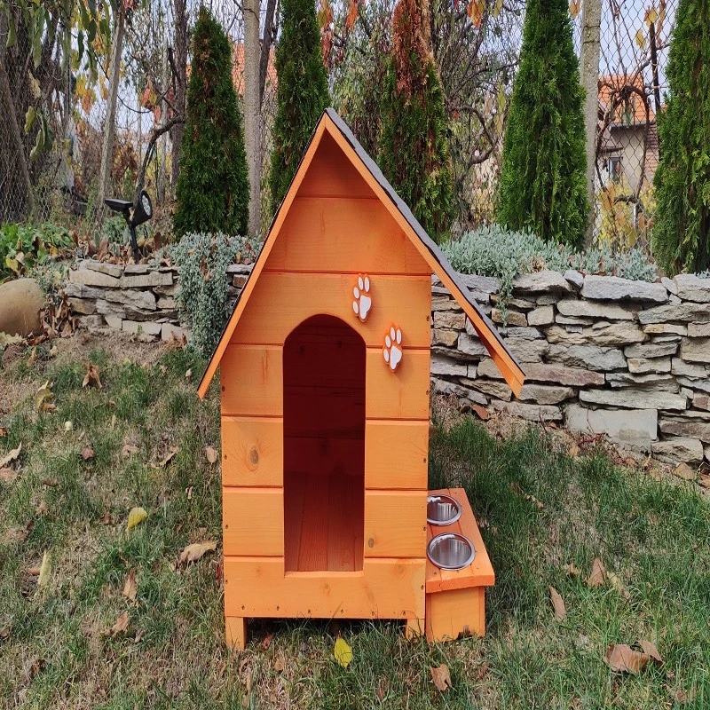 Къща за куче, Дърво, Размер М, Оранжев, Винтидж, Със стряха + купи
