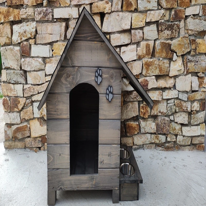 Къща за куче, Дърво, Размер М, Сив, Винтидж, Със стряха + купи