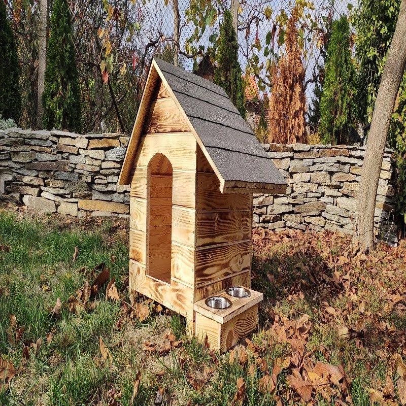 Къща за куче, Дърво, Размер М, Ретро, Със стряха + купи