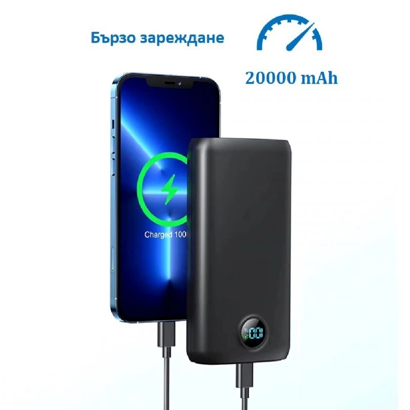 Преносима зарядна батерия 20000 mAh с Лед дисплей