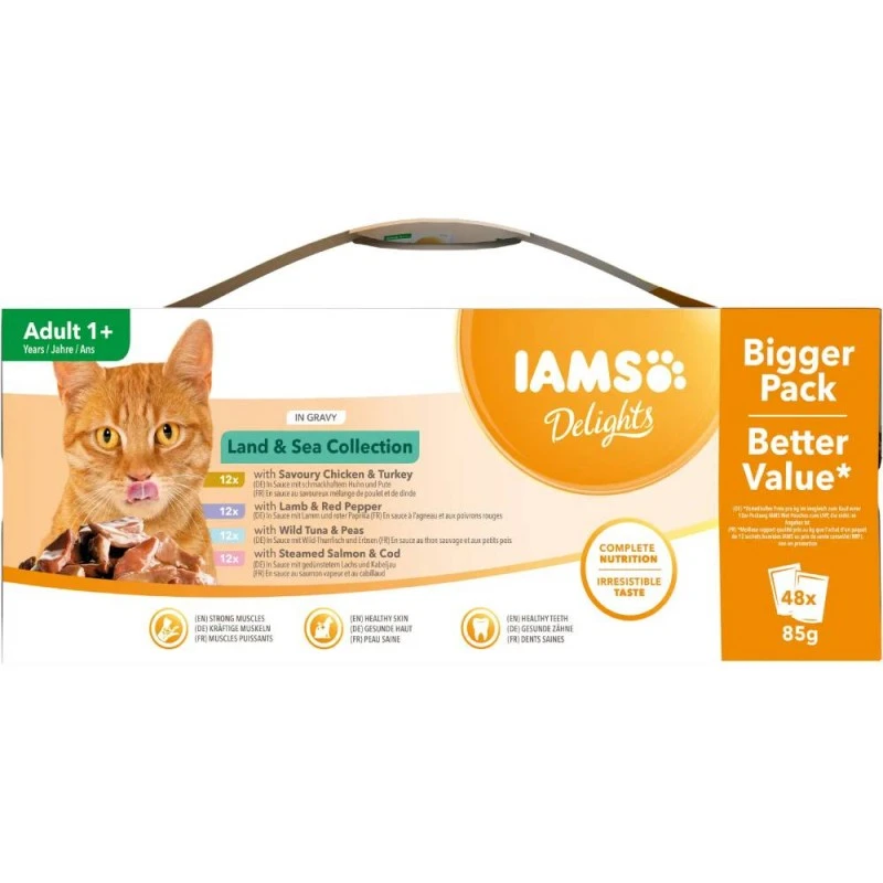 Храна за котки IAMS CAT POUCH MEGA PACK LAND AND SEA GRAVY 48X85