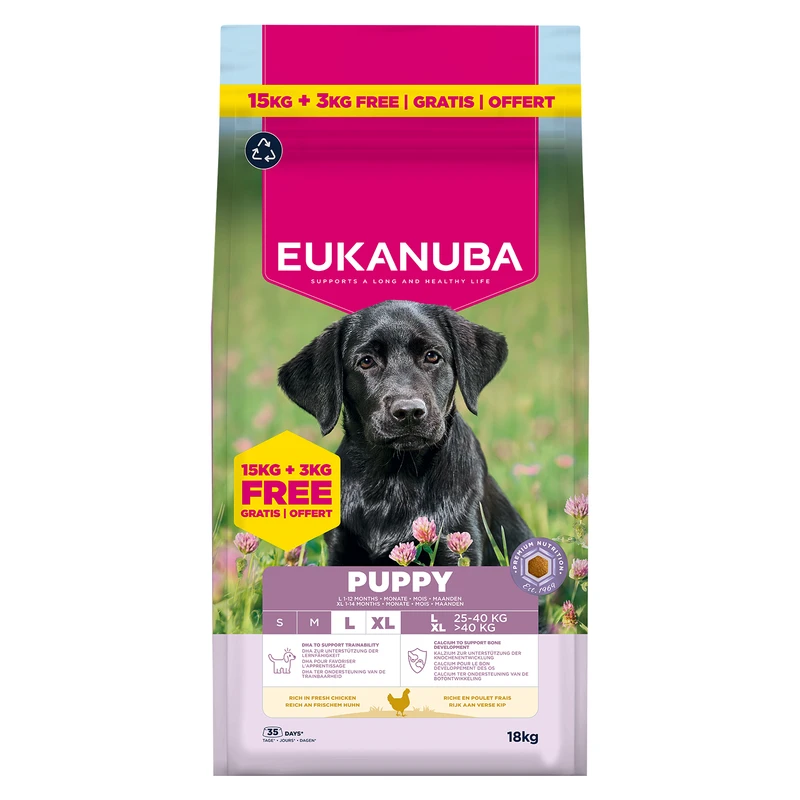 EUKANUBA Puppy Large, Rich in Fresh Chicken, 15 kg + 3 kg Bonus