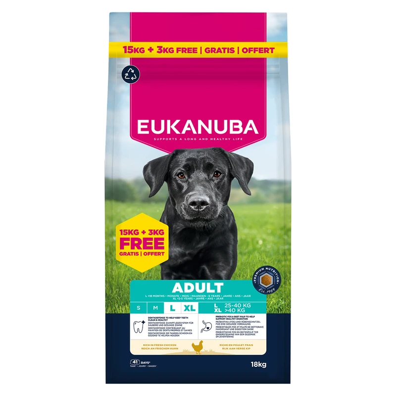 EUKANUBA Adult Large, Rich in Fresh Chicken, 15 kg + 3 kg Bonus