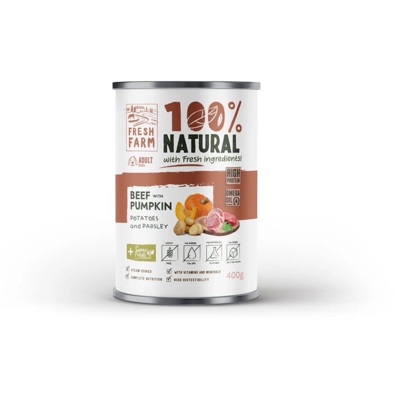 Консерва терин за кучета FRESH FARM, говеждо, тиква, картофи и магданоз, 400 г