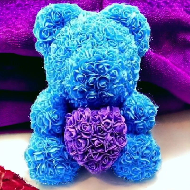 Мече и сърце от вечни рози GRSCIA-SV, Rose Bear, Ръчно изработено, Син, Лилав, 37 см