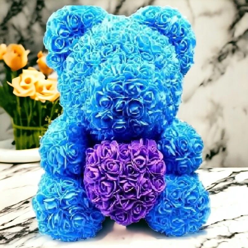 Мече и сърце от вечни рози GRSCIA-SV, Rose Bear, Ръчно изработено, Син, Лилав, 37 см