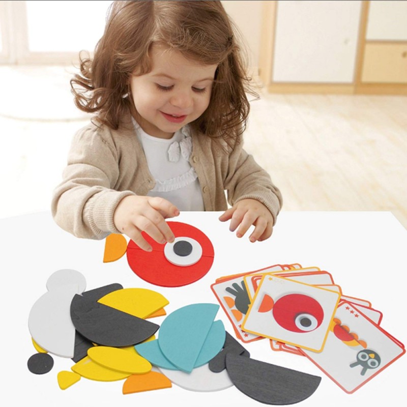 Образователен пъзел с геометрични форми Chippo Geo Animo 1730881 1-1, 29 броя дървени кубчета, Многоцветен, 25x21cm