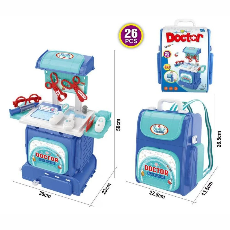 Игрален комплект Chippo Раница-Работна Станция Доктор 2 в 1 214224, 26 части, 50см, Сглобена, Син