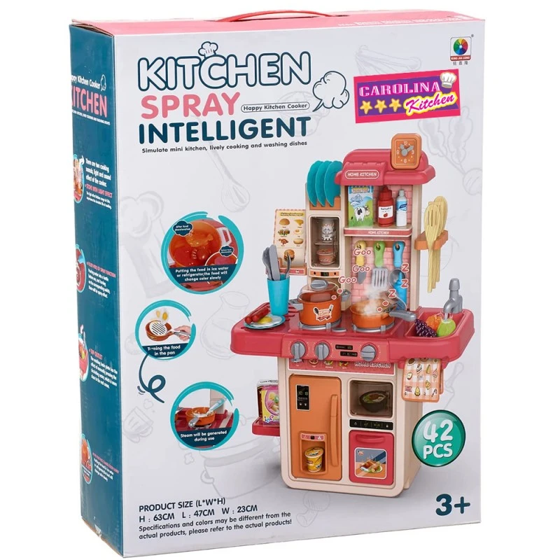 Детска кухня Chippo Carolina Kitchen 296022, Готварски център с течаща вода, Пара ефект, Звукови и светлинни ефекти, 42 части, Пластмаса, Червен/многоцветен, 63x47x23см