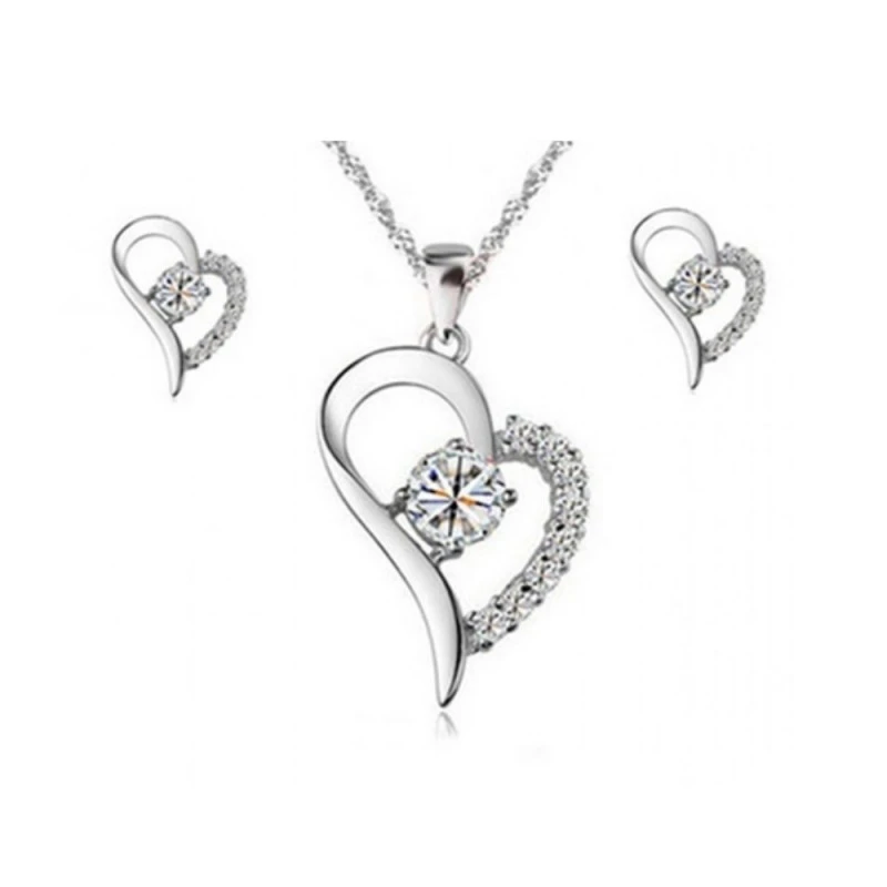 Комплект Veuer бижута 16264715 11-26-2, 18k бяло позлатено сърце, колие и обеци с камъни, Бял