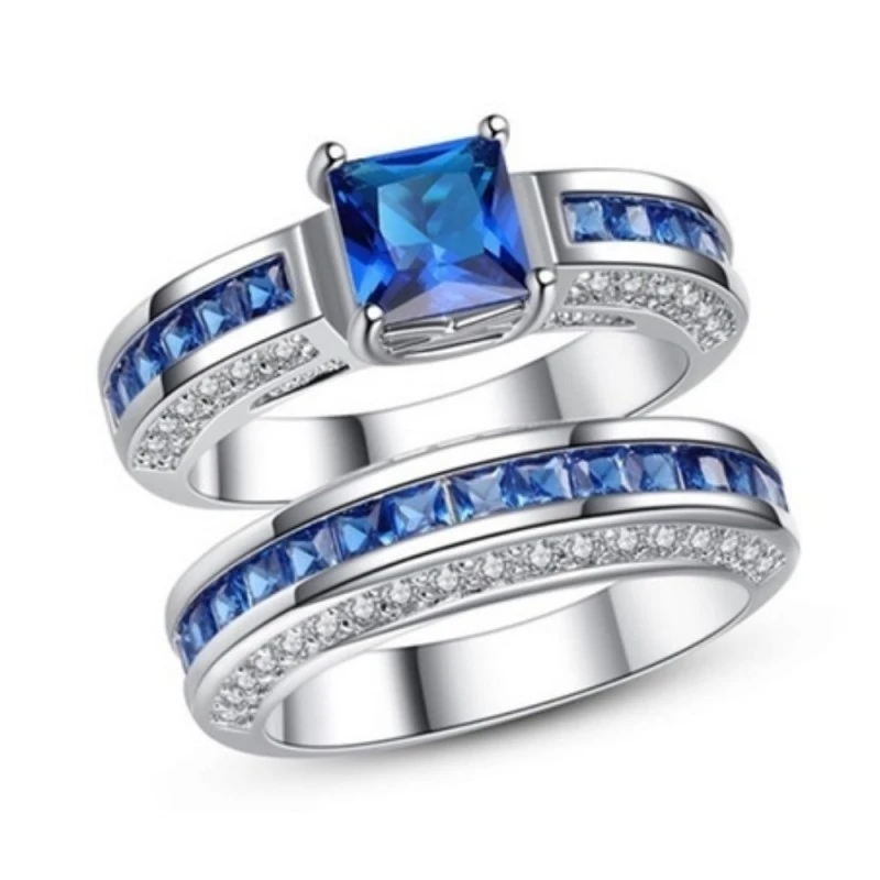 Комплект пръстени The Veuer 16759592 11-26-372, от 10k бяло златно покритие,2.5k имитиращ син сапфир, 2 броя, Син, 16мм