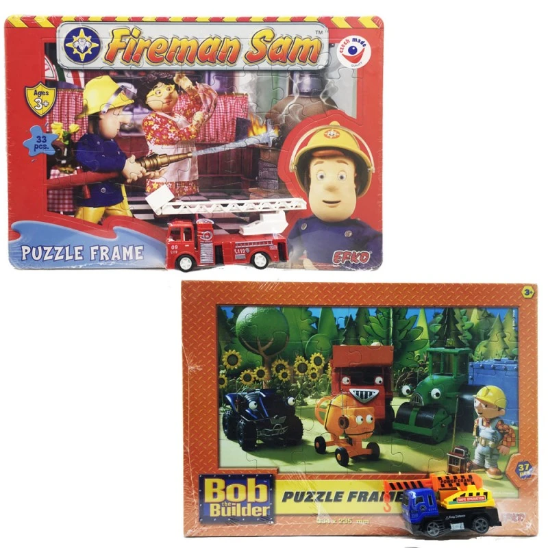 Комплект Пъзели в твърда рамка Fireman SAM FRAME I 87701-87402, с малка пожарна кола и Bob the Builder с Строителна Машина.