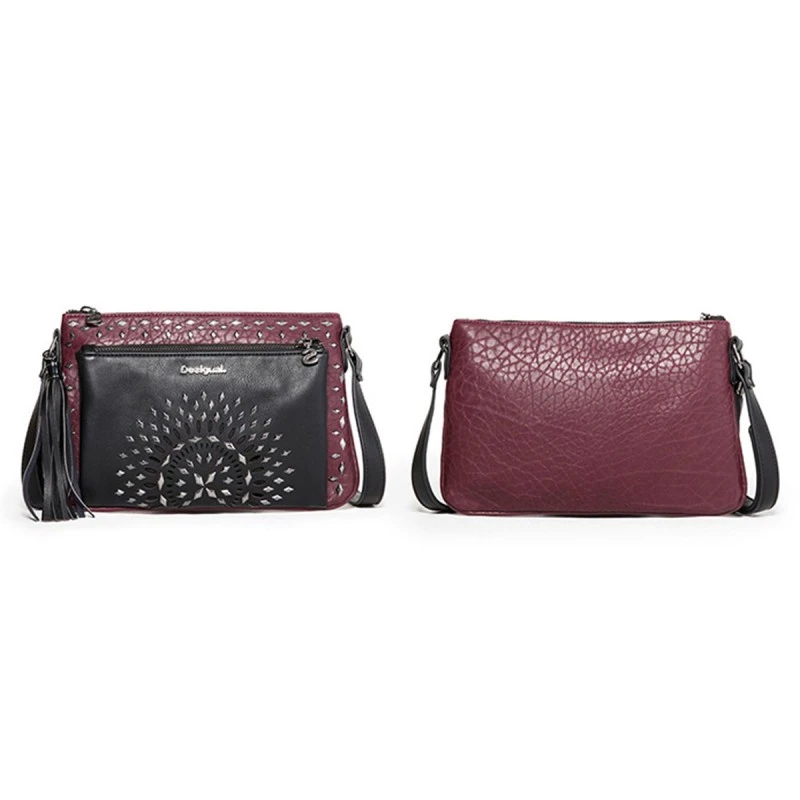 Дамска чанта за рамо с пискюл Desigual, В черно и гранатово червено с мини шипове, 16753593 2-56-46