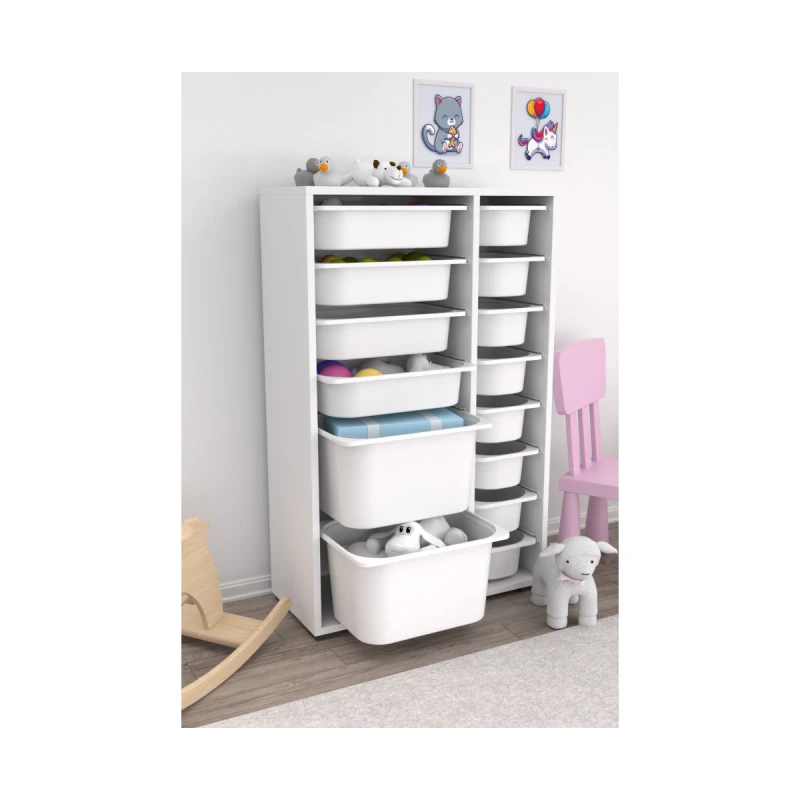 Шкаф за Играчки Rine, Етажерка за Съхранение с 14 Кутии, Бял