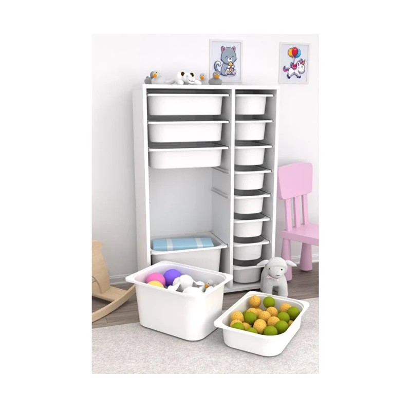 Шкаф за Играчки Rine, Етажерка за Съхранение с 14 Кутии, Бял