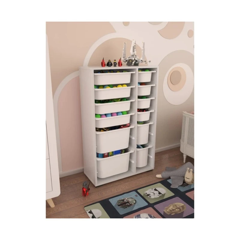 Шкаф за Играчки Rine, Етажерка за Съхранение с 12 Кутии, Бял