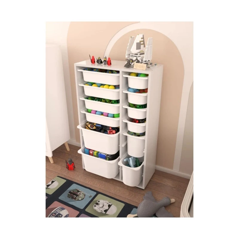 Шкаф за Играчки Rine, Етажерка за Съхранение с 12 Кутии, Бял