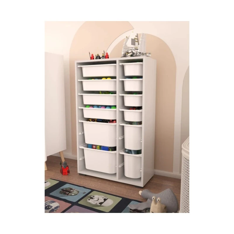 Шкаф за Играчки Rine, Етажерка за Съхранение с 12 Кутии, Бял