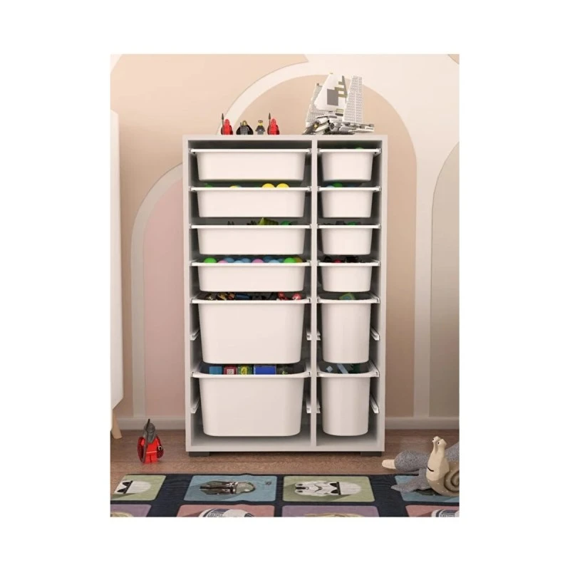Шкаф за Играчки Rine, Етажерка за Съхранение с 12 Кутии, Бял