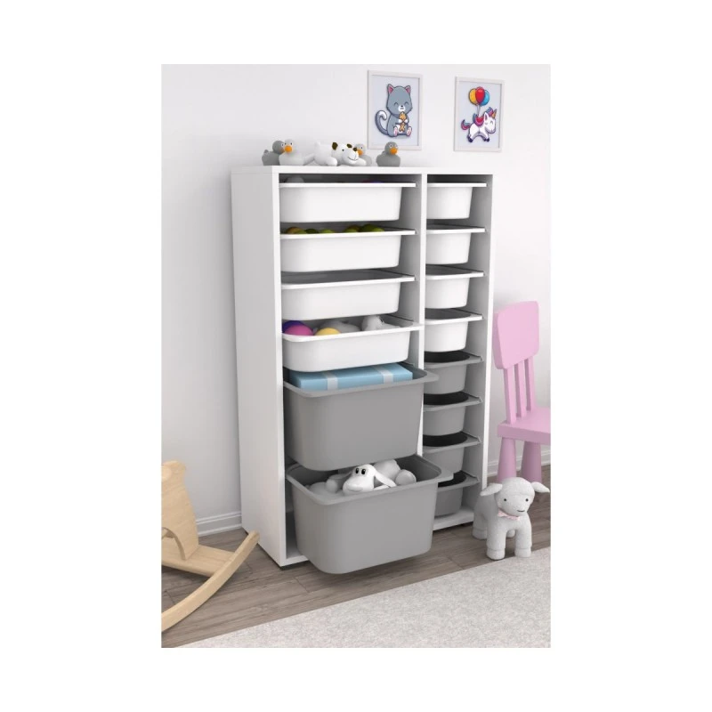 Шкаф за Играчки Rine, Етажерка за Съхранение с 14 Кутии, Бял/Сив