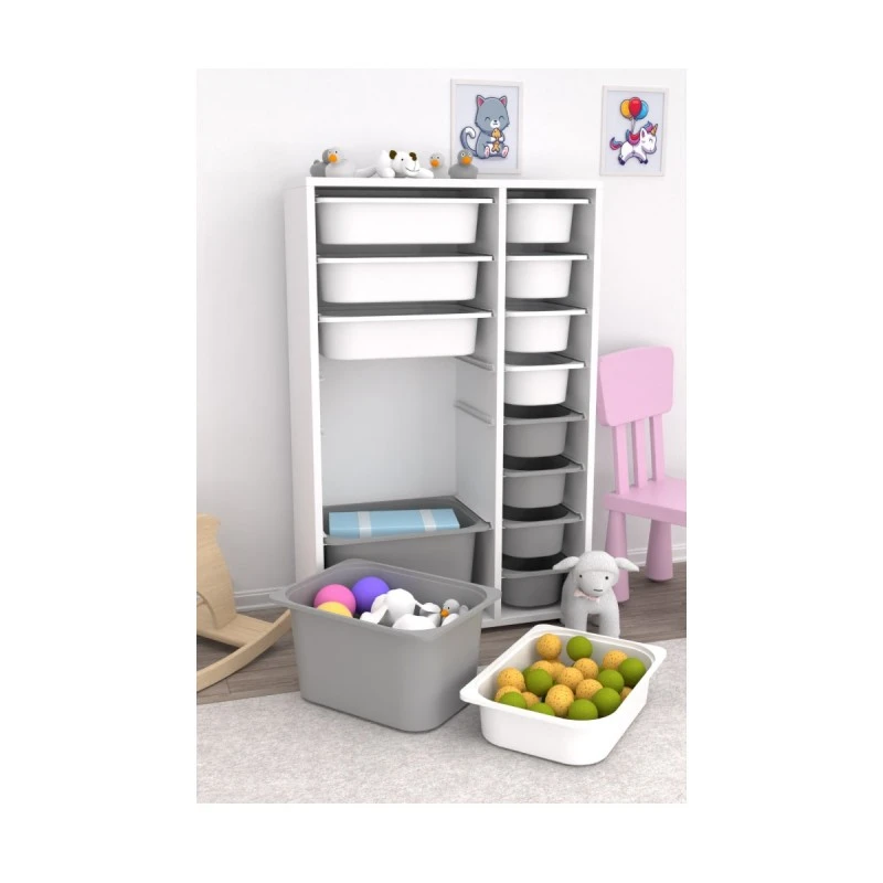 Шкаф за Играчки Rine, Етажерка за Съхранение с 14 Кутии, Бял/Сив