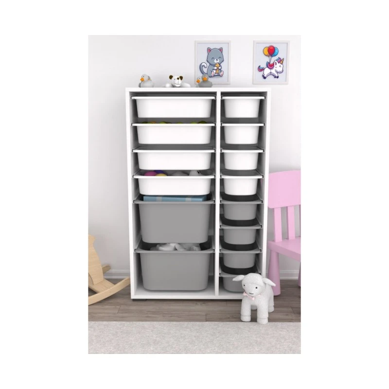 Шкаф за Играчки Rine, Етажерка за Съхранение с 14 Кутии, Бял/Сив