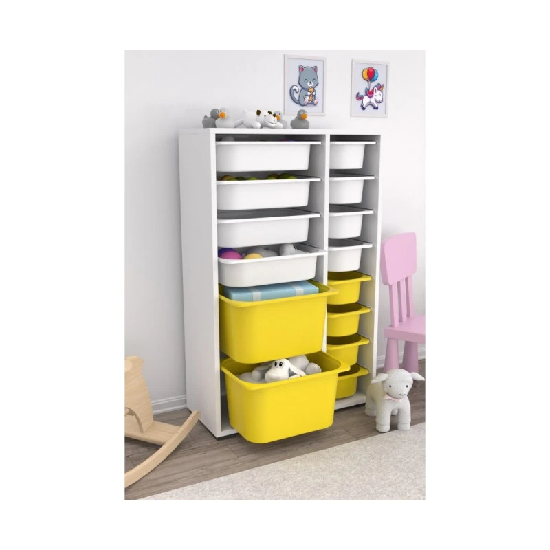 Шкаф за Играчки Rine, Етажерка за Съхранение с 14 Кутии, Бял/Жълт