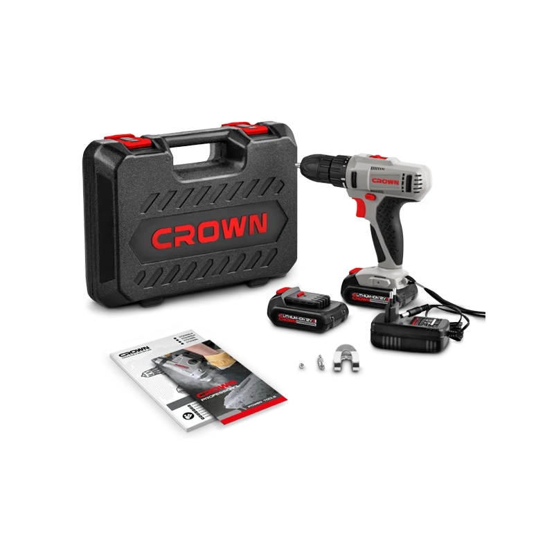 Акумулаторна бормашна-винтоверт CROWN, CT21052LH, 12 V Li-Ion, 2 батерии x 1.5 Ah, 2 скорости + Комплект свредла Silverline, 29 бр