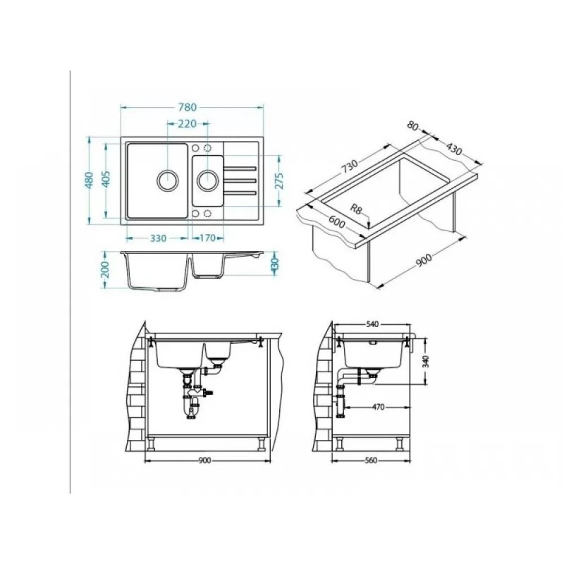 Гранитна кухненска мивка, ALVEUS, Интермезо 70, за шкаф 60 см, Черен