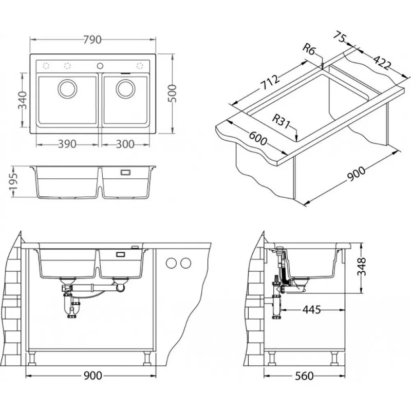 Гранитна кухненска мивка Атрокс 50, за шкаф 80 см, Бетон
