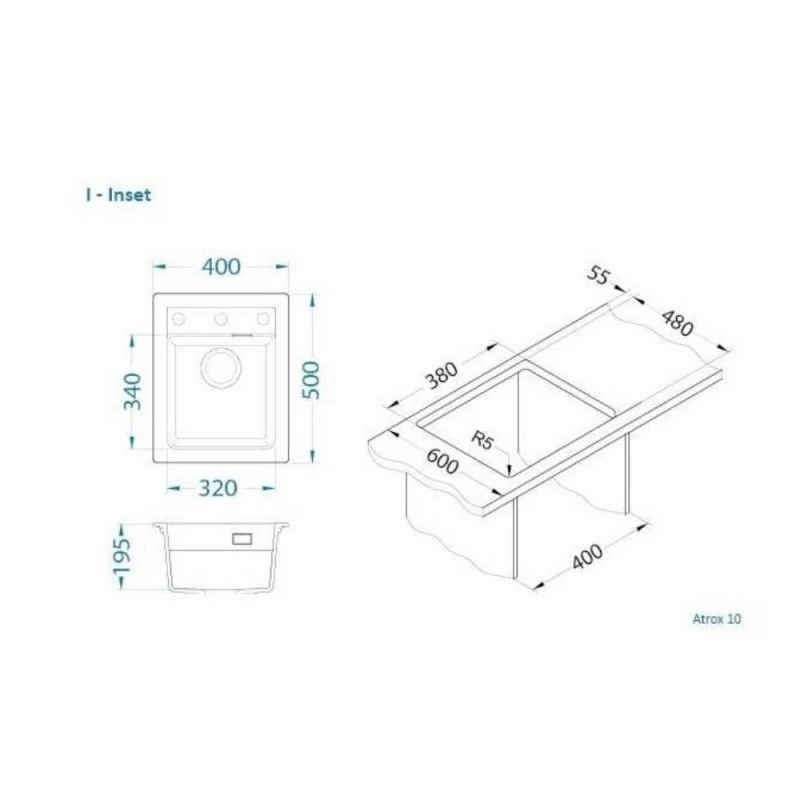 Гранитна кухненска мивка Атрокс 10, за шкаф 40 см, Бял