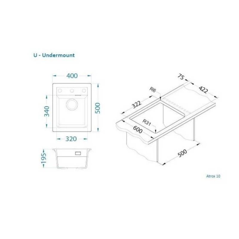 Гранитна кухненска мивка Атрокс 10, за шкаф 40 см, Черен