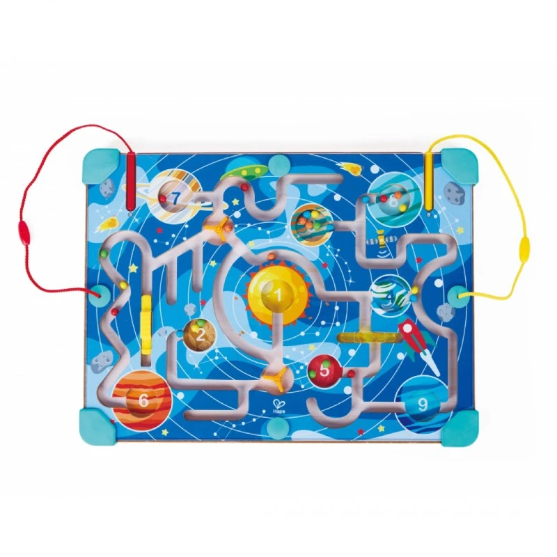 Дървен комплект за игра 2 в 1, Hape, Космически лабиринт и дъска танграм, 15 части