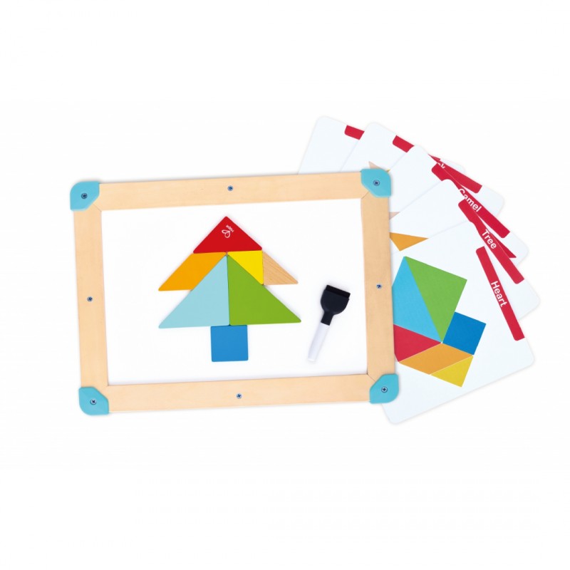 Дървен комплект за игра 2 в 1, Hape, Космически лабиринт и дъска танграм, 15 части