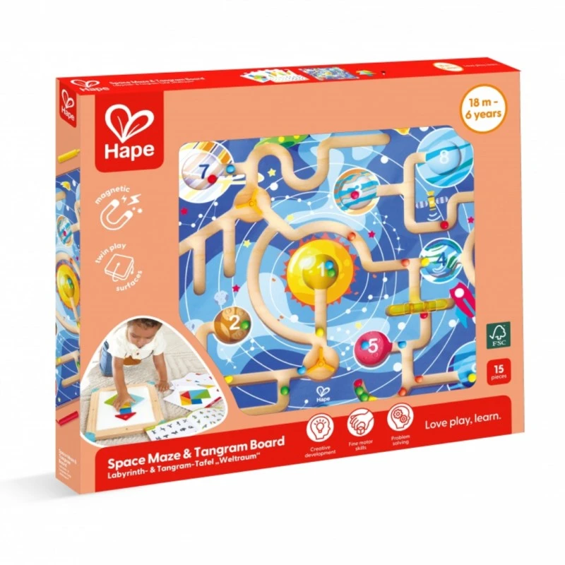 Дървен комплект за игра 2 в 1, Hape, Космически лабиринт и дъска танграм, 15 части